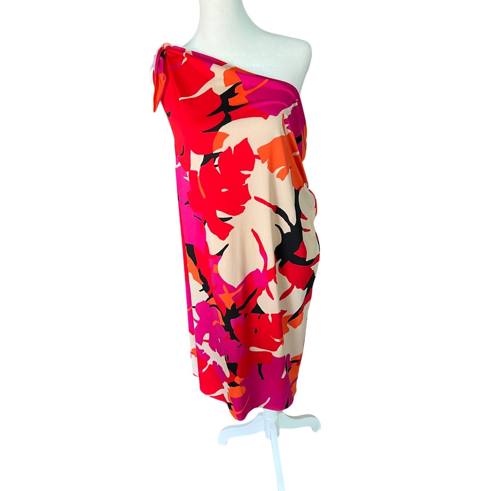 Coco Bianco One Shoulder Tropical Floral Drape Midi Dress Red Pink Small - Picture 1 of 4